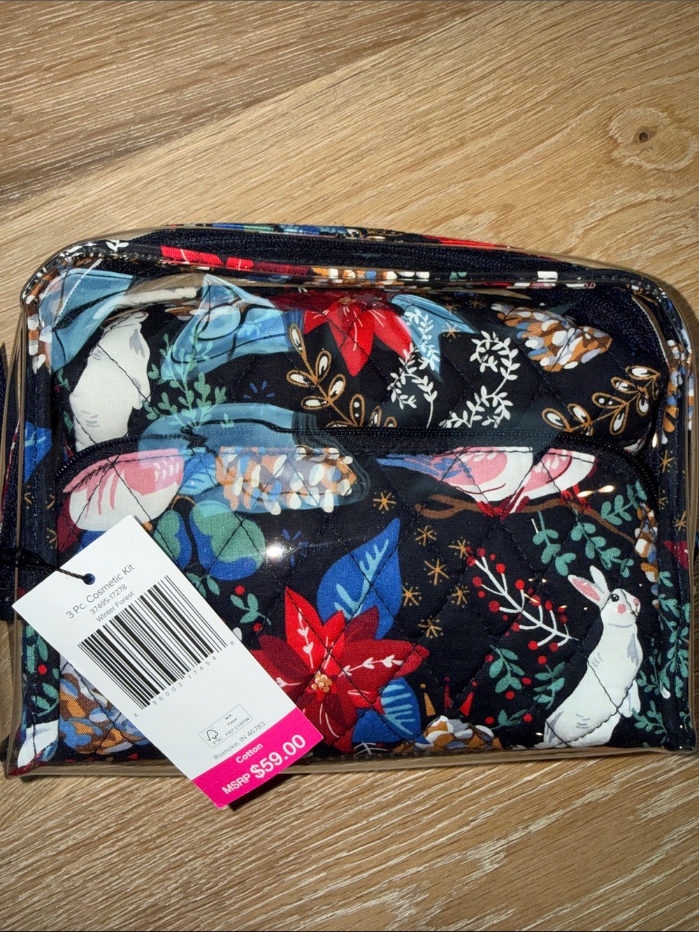 Floral Quilted Cosmetic Bag Set - Black with Multicolor Floral Print